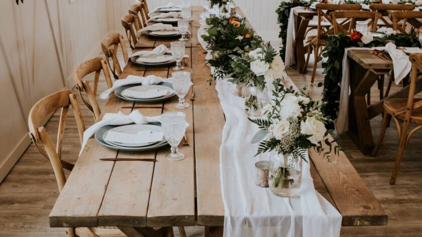 Farmhouse Style Tables and Bamboo Chairs